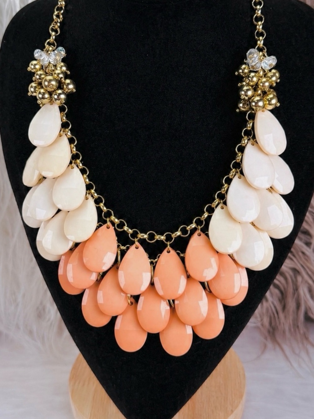 Vintage Peach Cream Teardrop Bib Statement Necklace Gold Tone